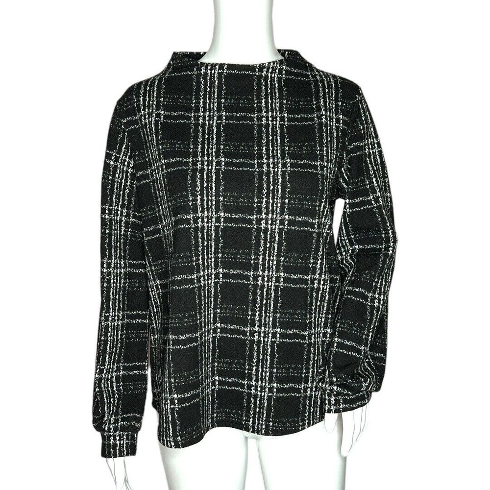 W5 Knit Top Black White Plaid Long Sleeve Wide Mock‎ Neck Exposed Back Zip